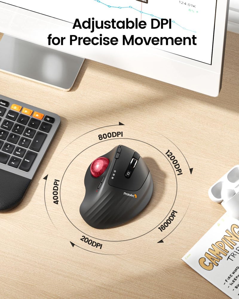 ProtoArc Wireless Trackball Mouse, EM01 NL Ergonomic Bluetooth Rollerball Thumb Rechargeable Computer Laptop Mouse, Adjustable Angle & 3 Device Connection for PC, Mac, Windows-Red Ball - Image 5